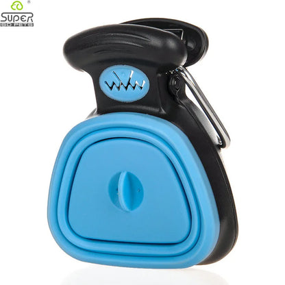 Blue foldable dog pooper scooper with carabiner clip