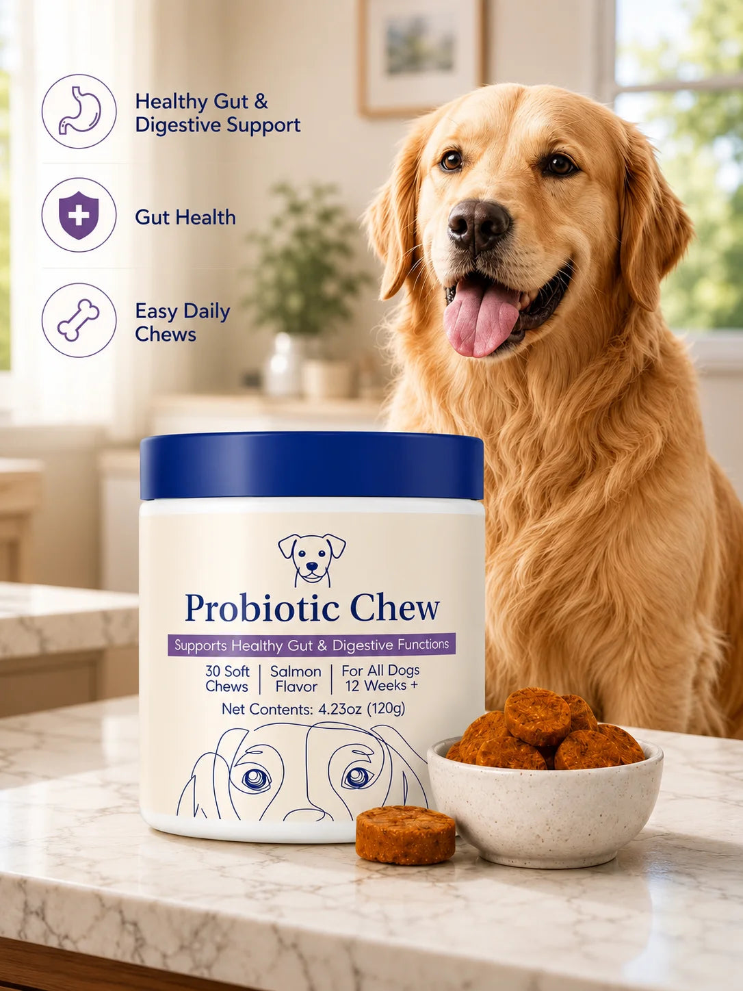 A golden retriever dog sits behind a tub of Probiotic Chew dog supplements on a marble countertop, with a small bowl of round chews and one chew placed in front. The tub is white with a blue lid and blue text, and the image includes marketing callouts on the left about healthy gut and digestive support.